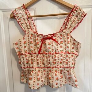 Sim & Sam Cottagecore Cotton Floral Sleeveless Ruffle Tank with Red Bow Coquette